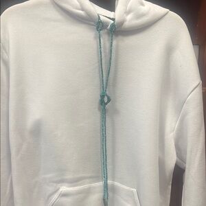 White and Blue Hooded Sweater with Blue Crystal Accent